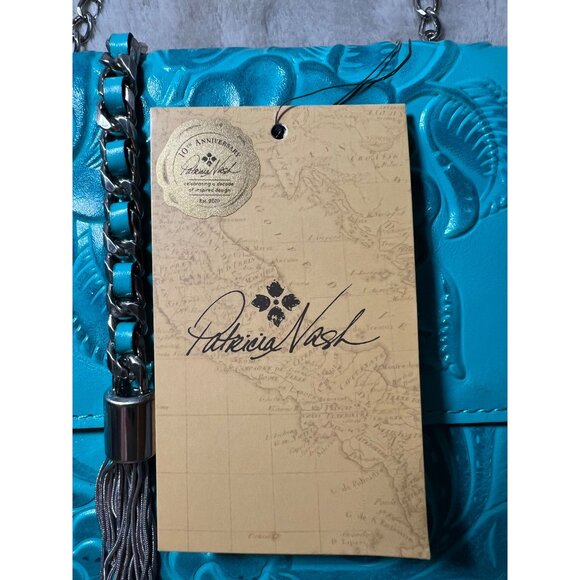 Patricia Nash Aqua Leather Rose Tooled Crossbody Bag With Chain Strap & Tassel - Picture 4 of 16